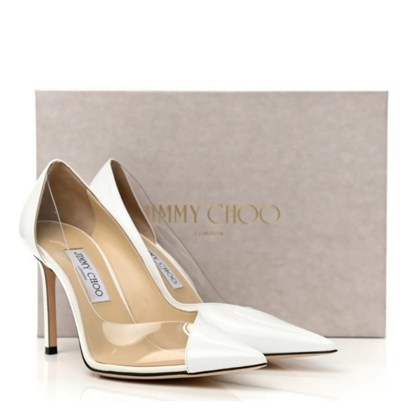 Jimmy Choo Shoes - Jimmy Choo Womens Cass 95 Pump Heels Shoes Leather And Patent White Sz 38 US 7.5